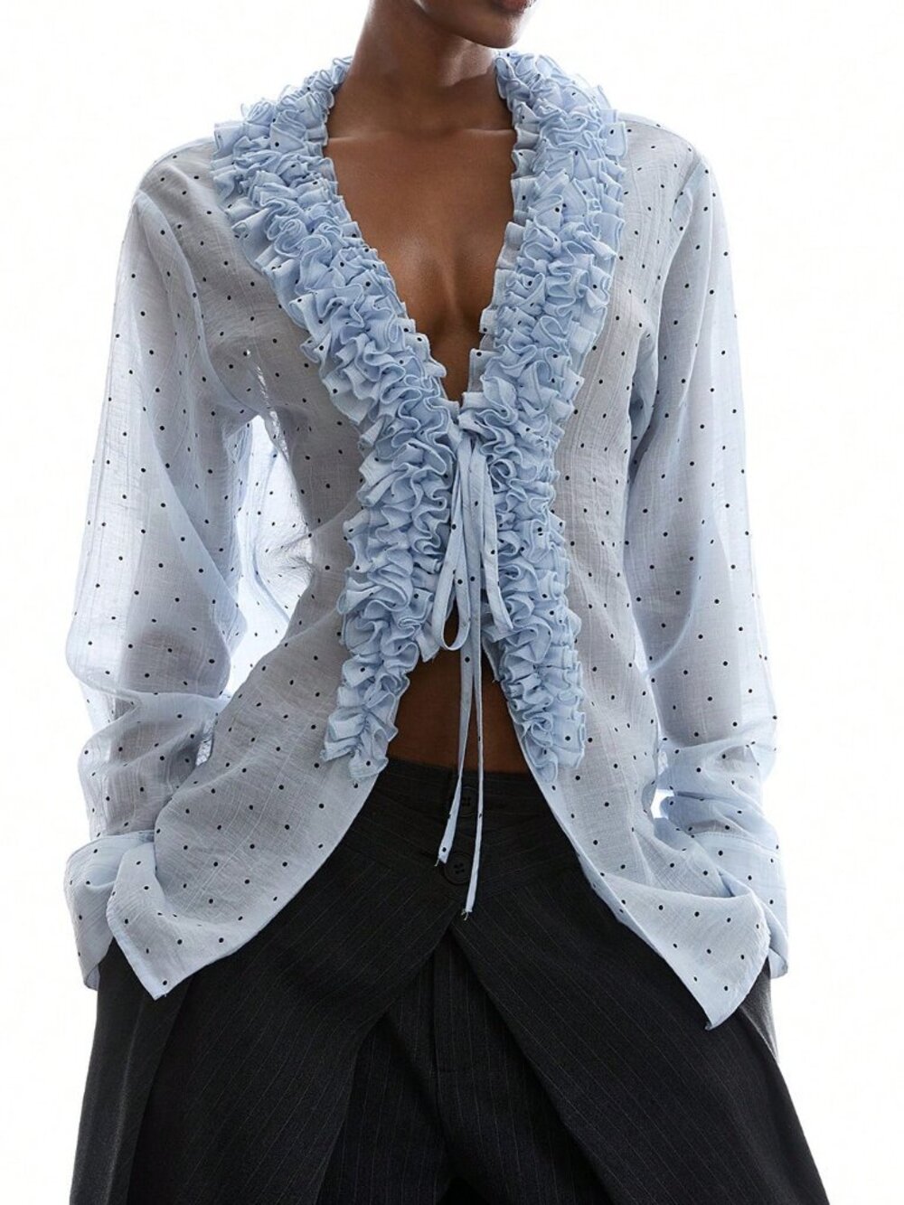 Blue Casual Women's Sexy Polka Dot Print Ruffle Hem Blouse - Picture 8 of 9
